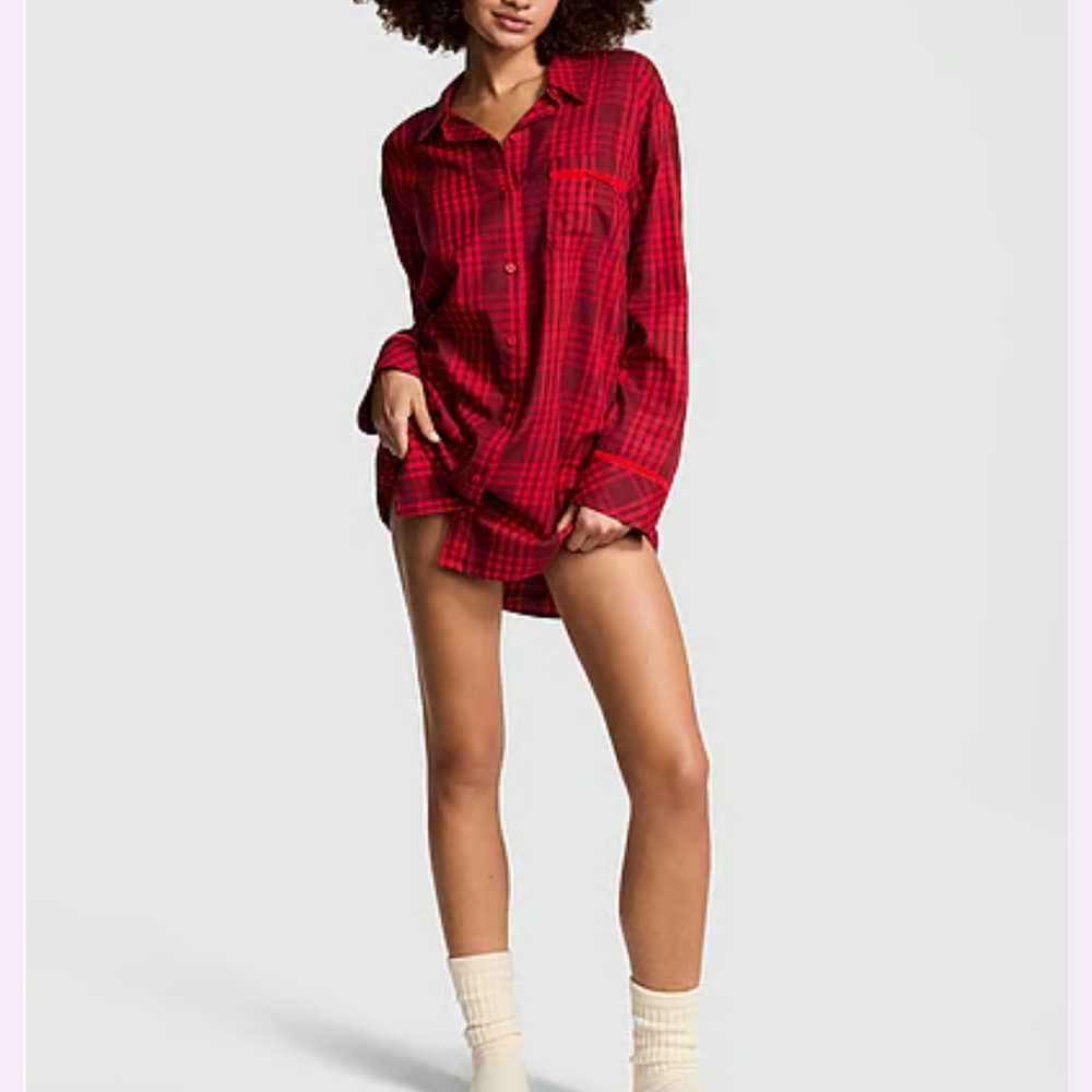 Victoria's Secret PINK Flannel Red Plaid Velvet-Trim Sleepshirt